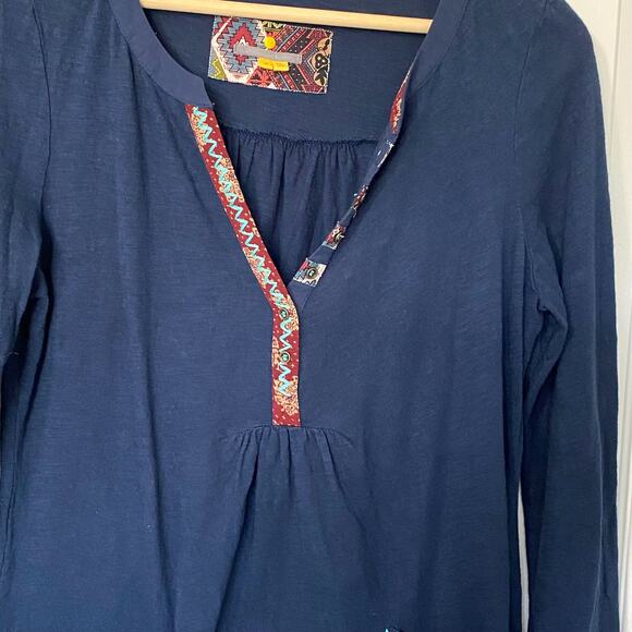 Anthropologie Little Yellow Button Wms Med Navy Blue Tunic Top Embroidered Boho - Picture 5 of 6